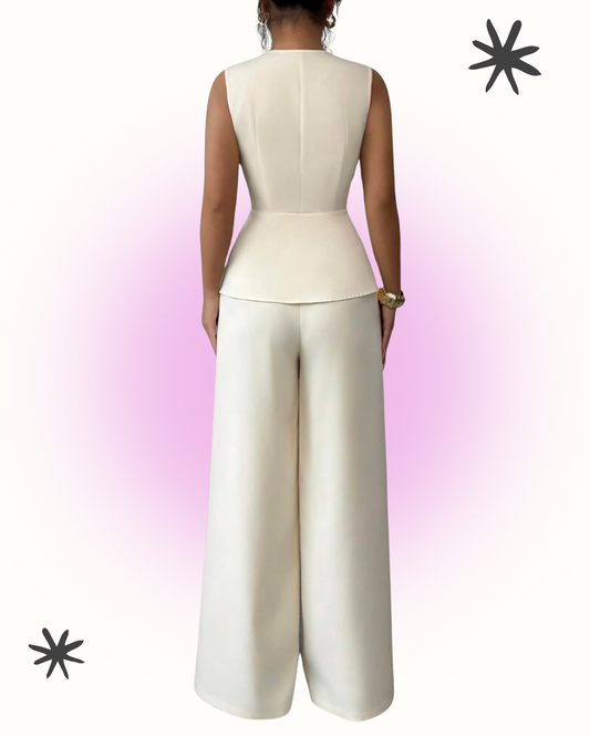 Conjunto Elegance Ivory de Chaleco Floral y Pantalón Palazzo