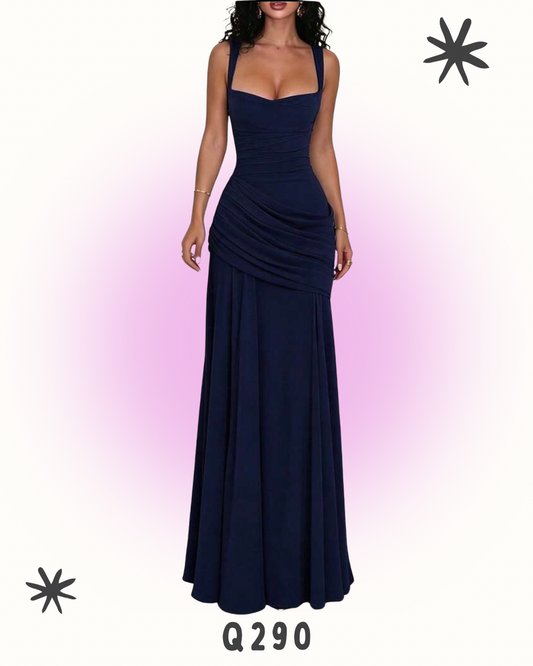 Vestido Maxi Elegante de Tirantes Finos con Fruncido Lateral – Azul Marino