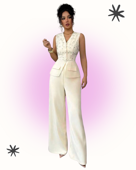 Conjunto Elegance Ivory de Chaleco Floral y Pantalón Palazzo